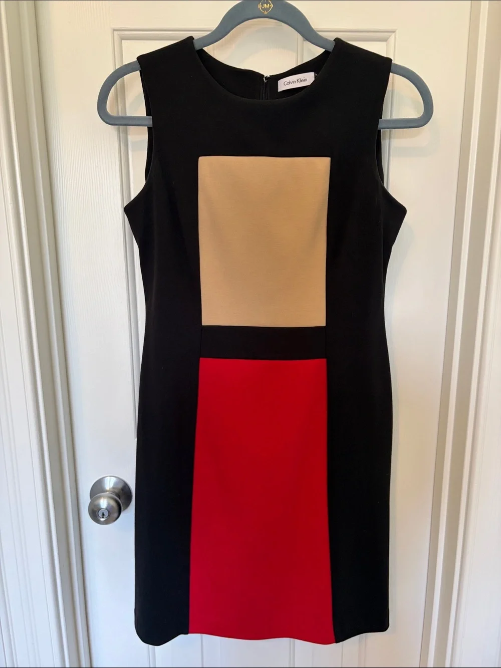 Calvin Klein Women’s Black Colorblock Sheath Dress with Red & Beige Panels